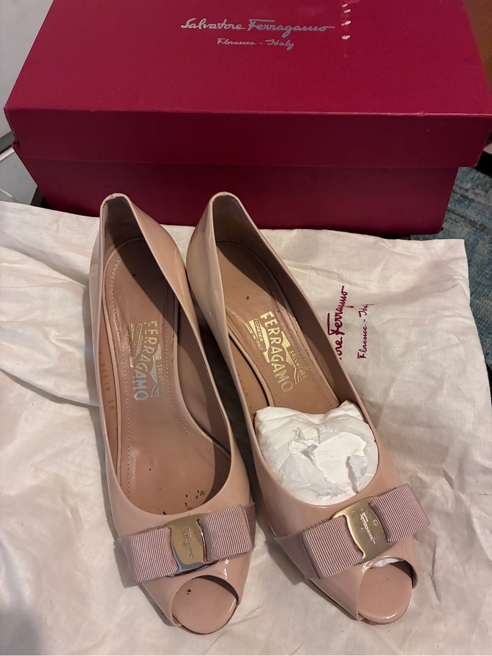 Salvatore Ferragamo Women's Beige Patent Peep-Toe Pumps